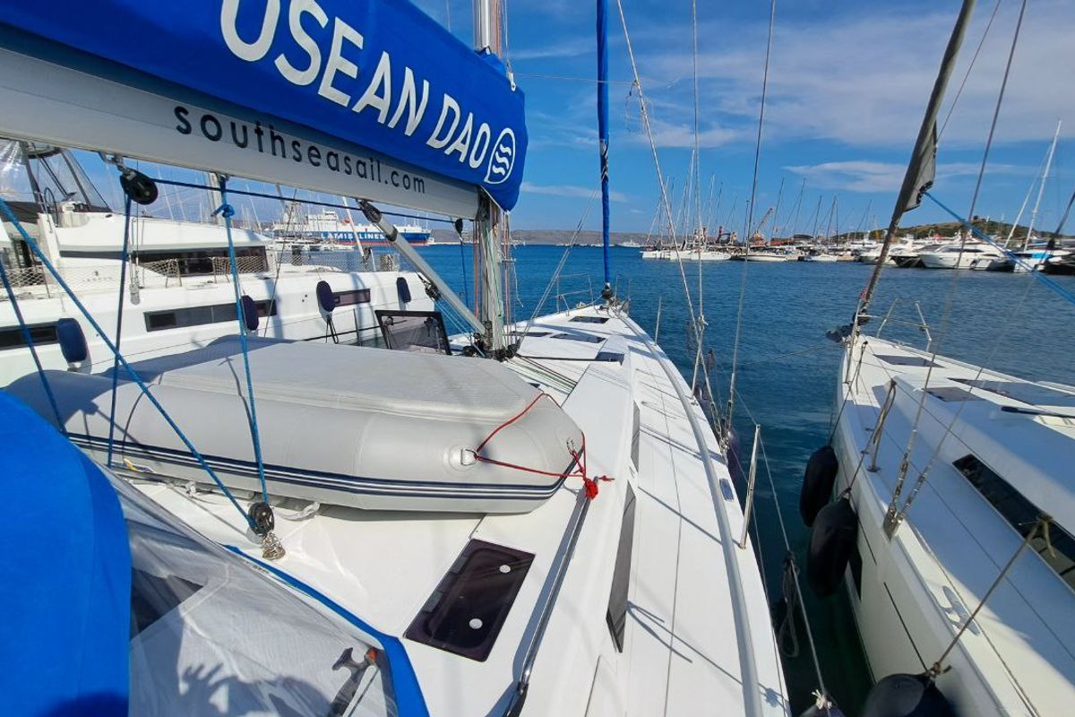 Exterior view of Swell, a Hanse Yachts Hanse 455 sailboat at Lavreotiki Municipal Unit, Greece