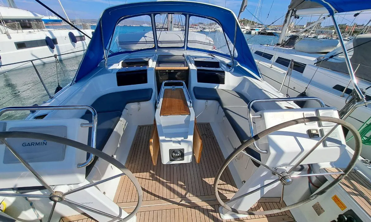 Cockpit of Swell, a Hanse Yachts Hanse 455 sailboat at Lavreotiki Municipal Unit, Greece