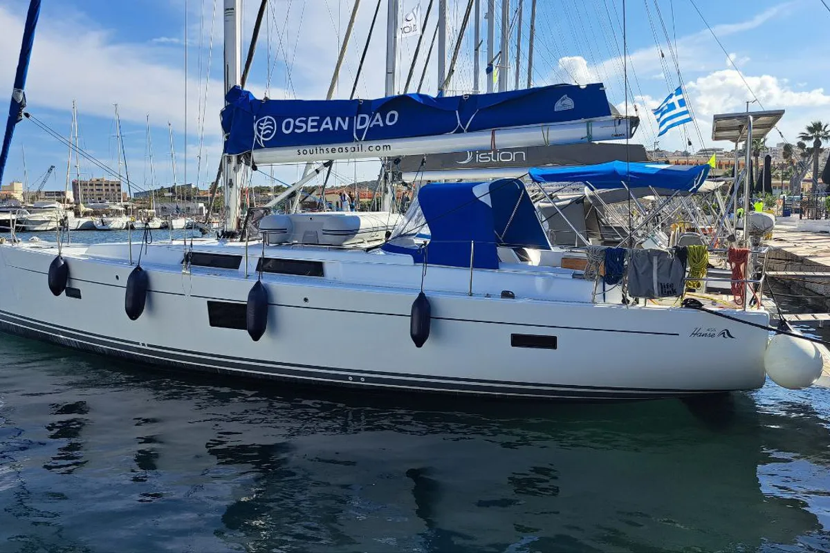 Exterior view of Swell, a Hanse Yachts Hanse 455 sailboat at Lavreotiki Municipal Unit, Greece