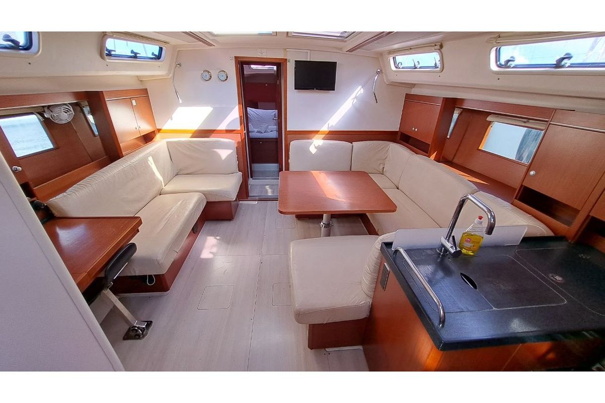 Salon of Swell, a Hanse Yachts Hanse 455 sailboat at Lavreotiki Municipal Unit, Greece