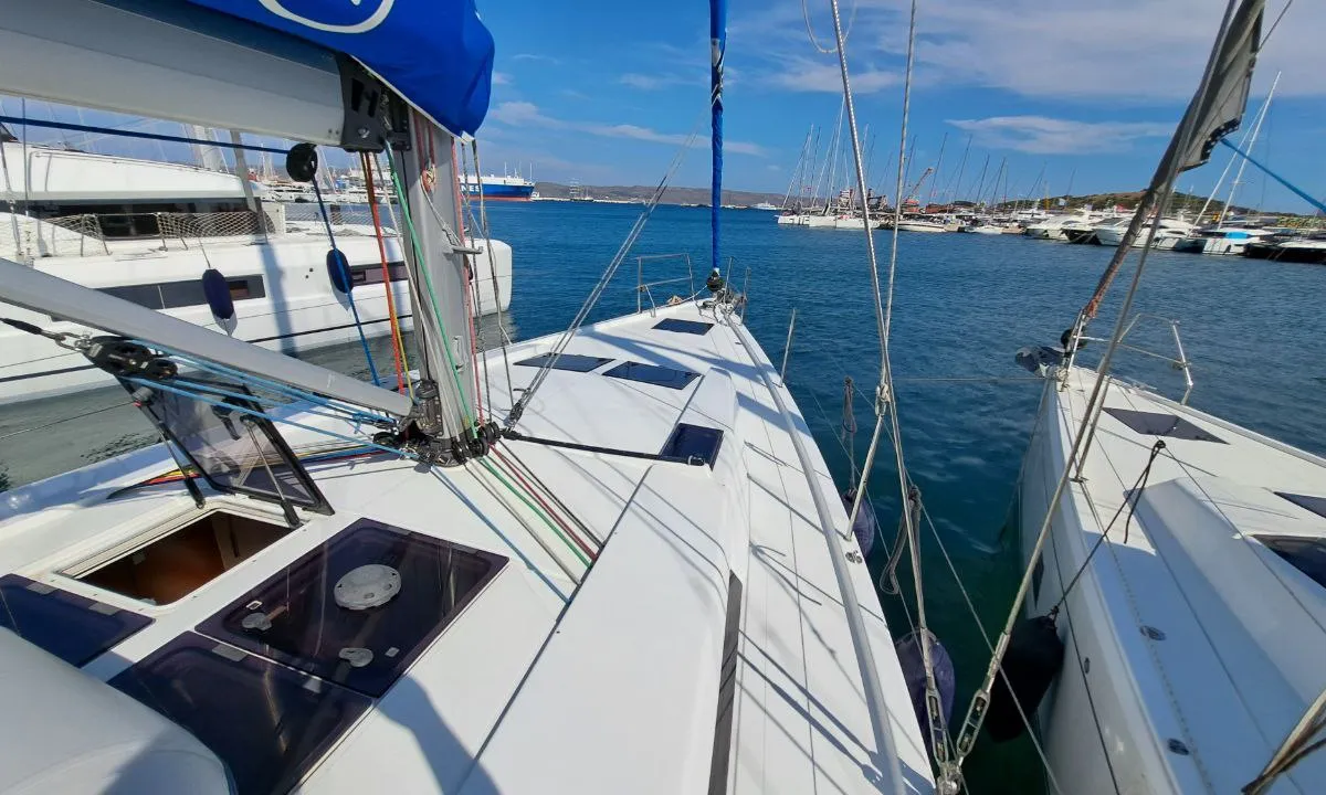 Exterior view of Swell, a Hanse Yachts Hanse 455 sailboat at Lavreotiki Municipal Unit, Greece