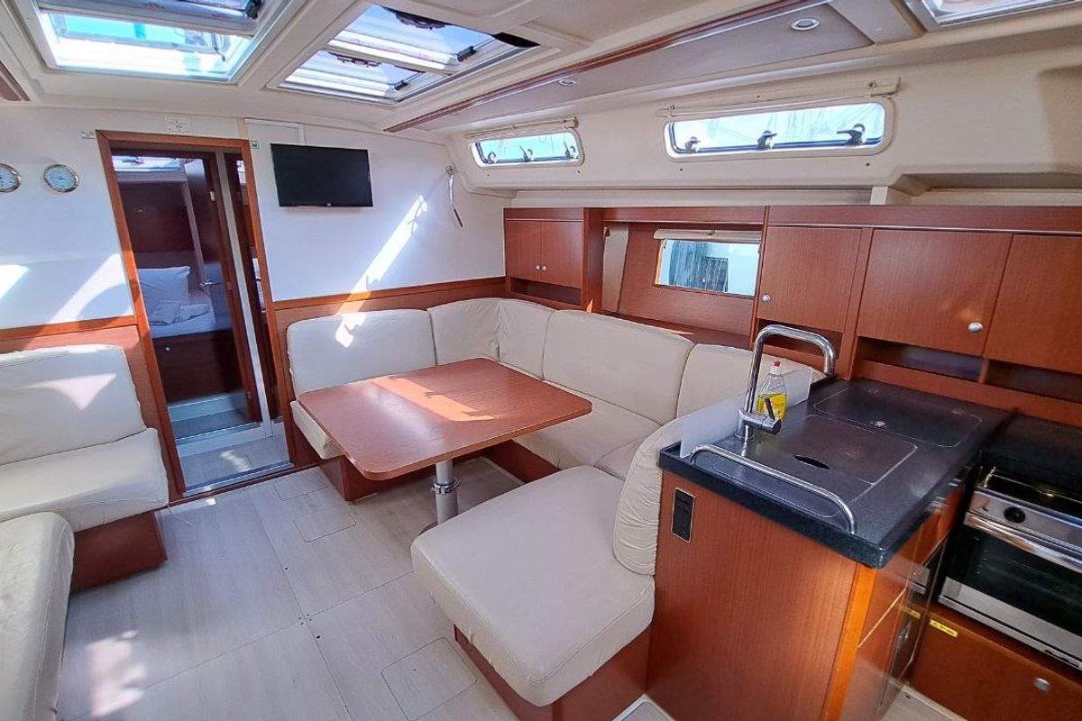 Galley of Swell, a Hanse Yachts Hanse 455 sailboat at Lavreotiki Municipal Unit, Greece