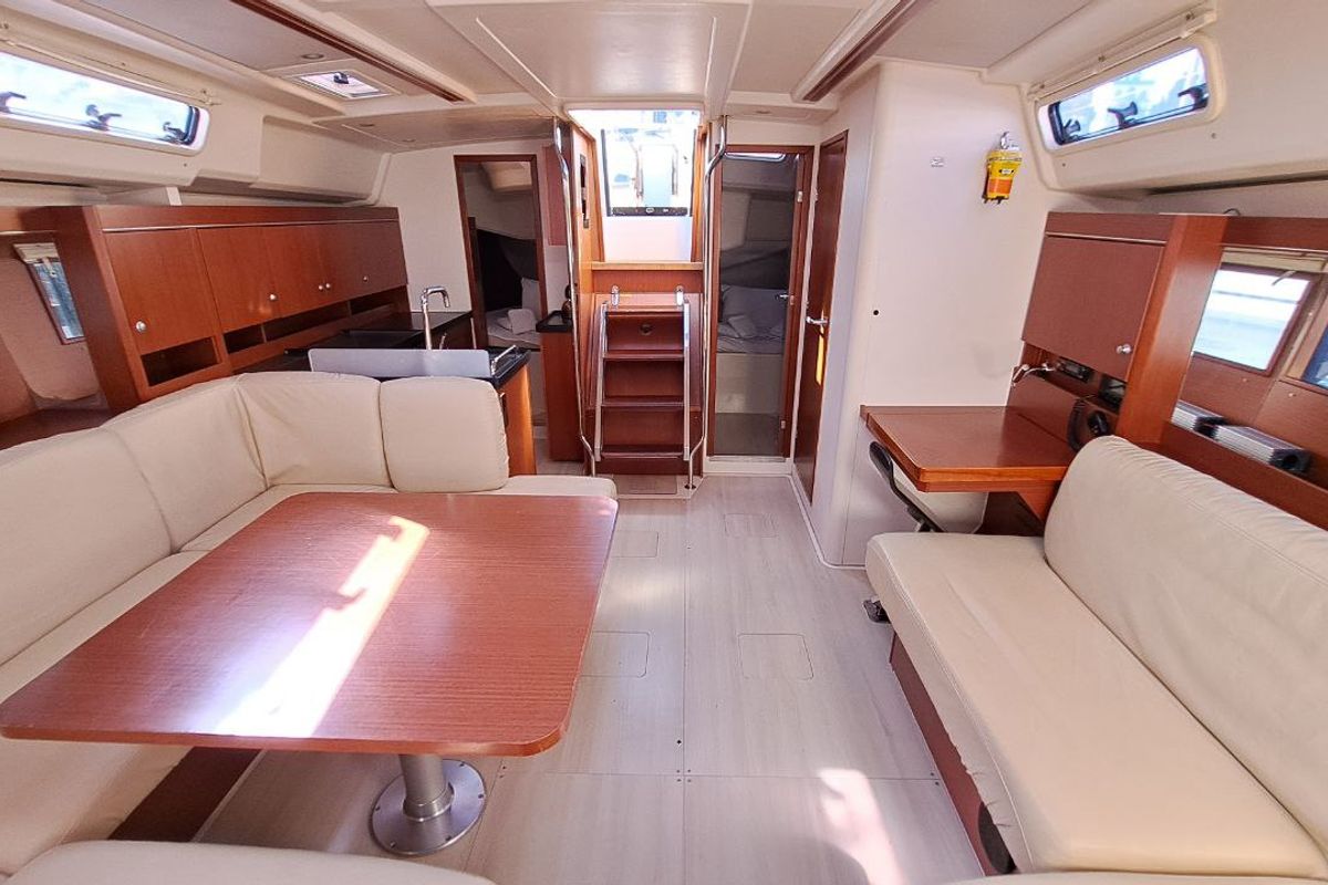 Salon of Swell, a Hanse Yachts Hanse 455 sailboat at Lavreotiki Municipal Unit, Greece