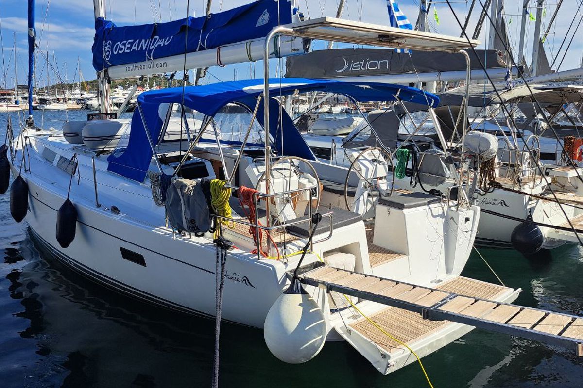 Deck of Swell, a Hanse Yachts Hanse 455 sailboat at Lavreotiki Municipal Unit, Greece