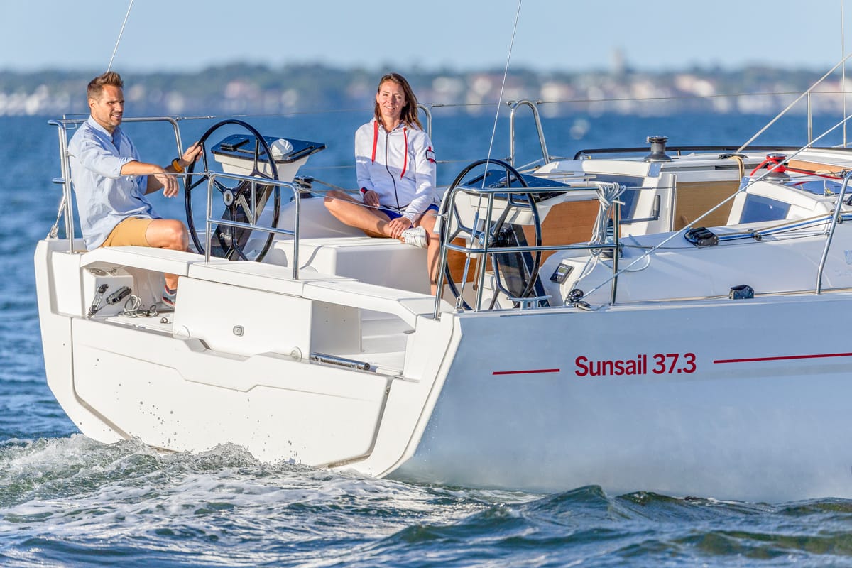 Deck of Sunsail 37.3 Premium Plus, a Dufour 37 sailboat at Municipal Unit of Lefkada, Greece