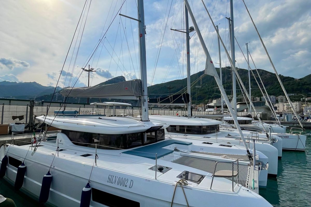 Exterior view of Buongiorno Principessa, a Lagoon 43 catamaran at Salerno, Italy