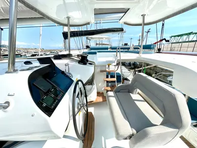 Cockpit of Buongiorno Principessa, a Lagoon 43 catamaran at Salerno, Italy