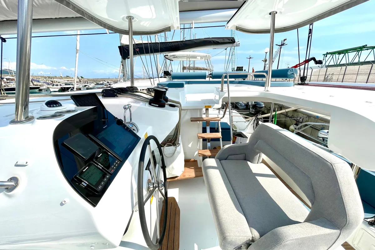 Cockpit of Buongiorno Principessa, a Lagoon 43 catamaran at Salerno, Italy