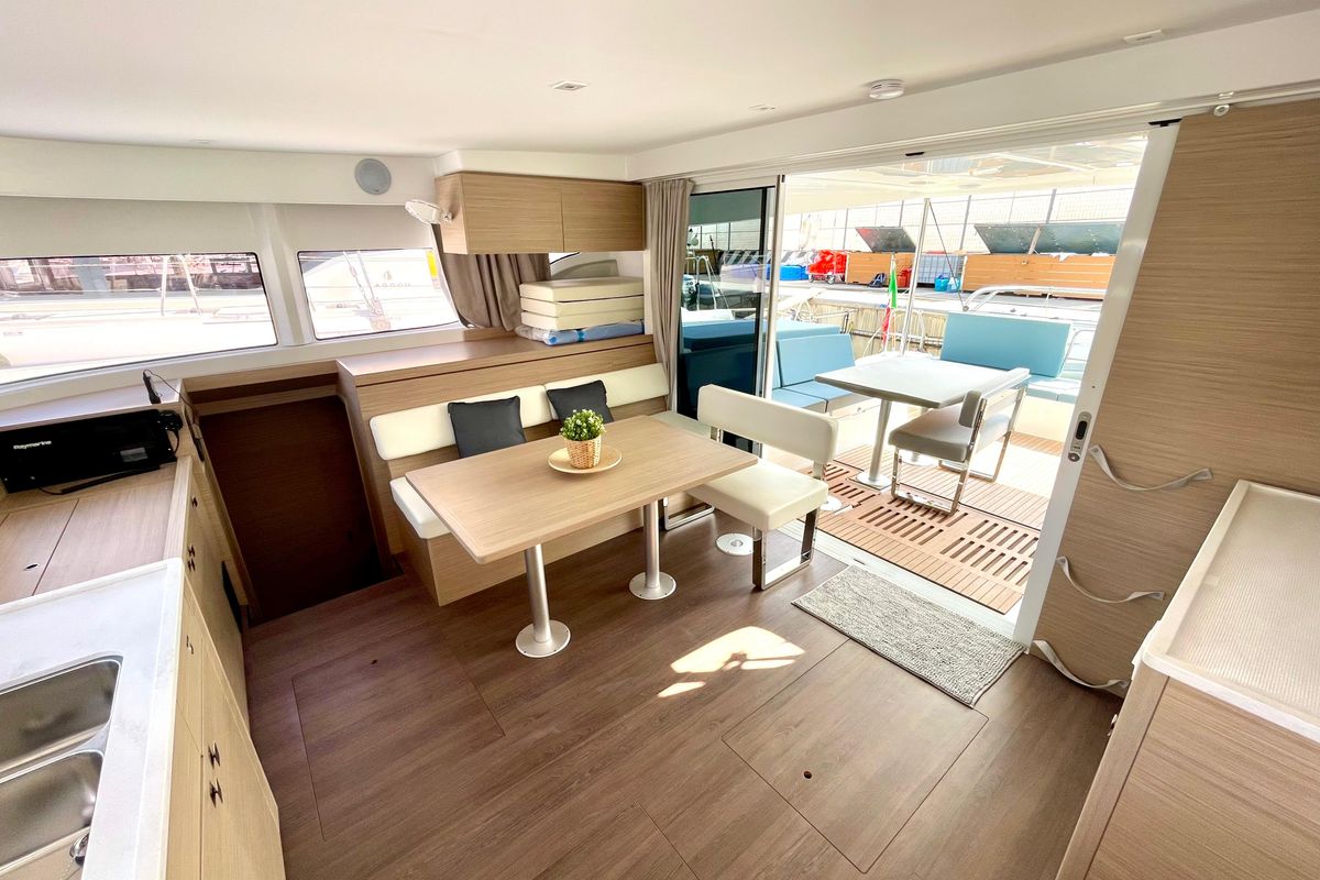 Salon of Buongiorno Principessa, a Lagoon 43 catamaran at Salerno, Italy