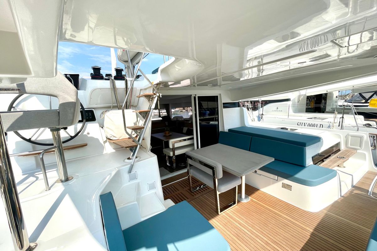 Deck of Buongiorno Principessa, a Lagoon 43 catamaran at Salerno, Italy