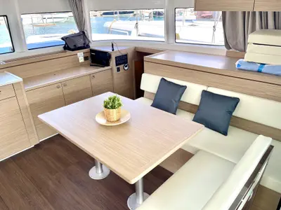 Salon of Buongiorno Principessa, a Lagoon 43 catamaran at Salerno, Italy