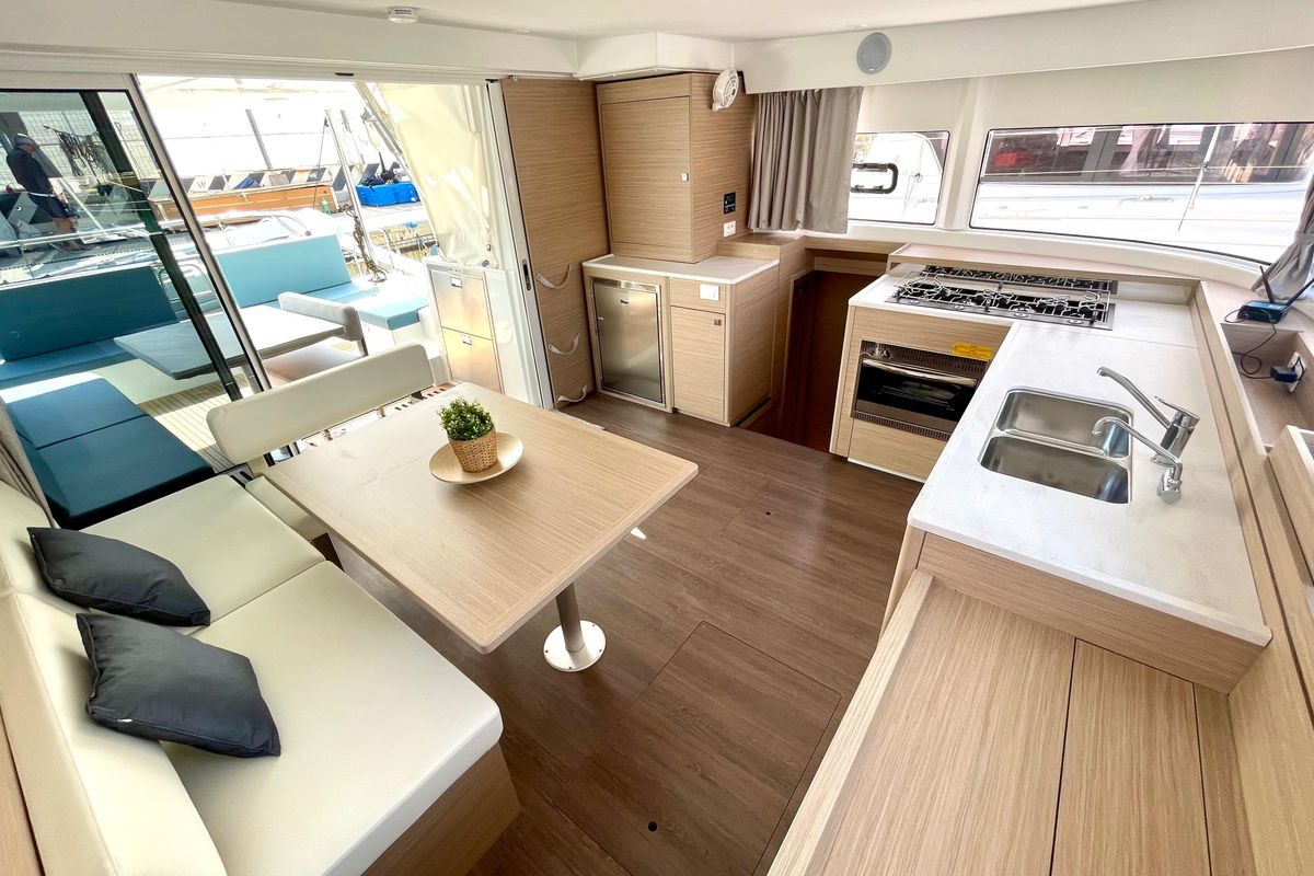 Salon of Buongiorno Principessa, a Lagoon 43 catamaran at Salerno, Italy