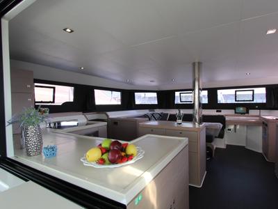 Salon of Lublu, a Dufour Catamaran 48 catamaran at Olbia, Italy