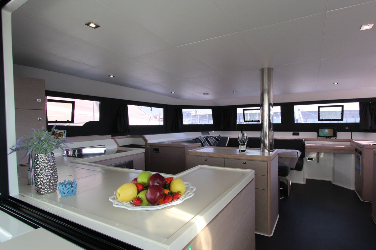 Salon of Lublu, a Dufour Catamaran 48 catamaran at Olbia, Italy