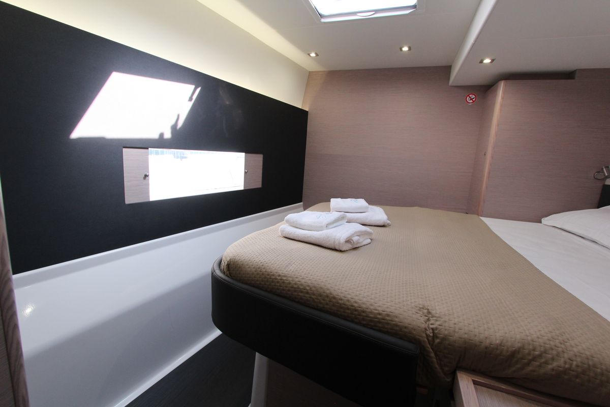 Cabin on Lublu, a Dufour Catamaran 48 catamaran at Olbia, Italy