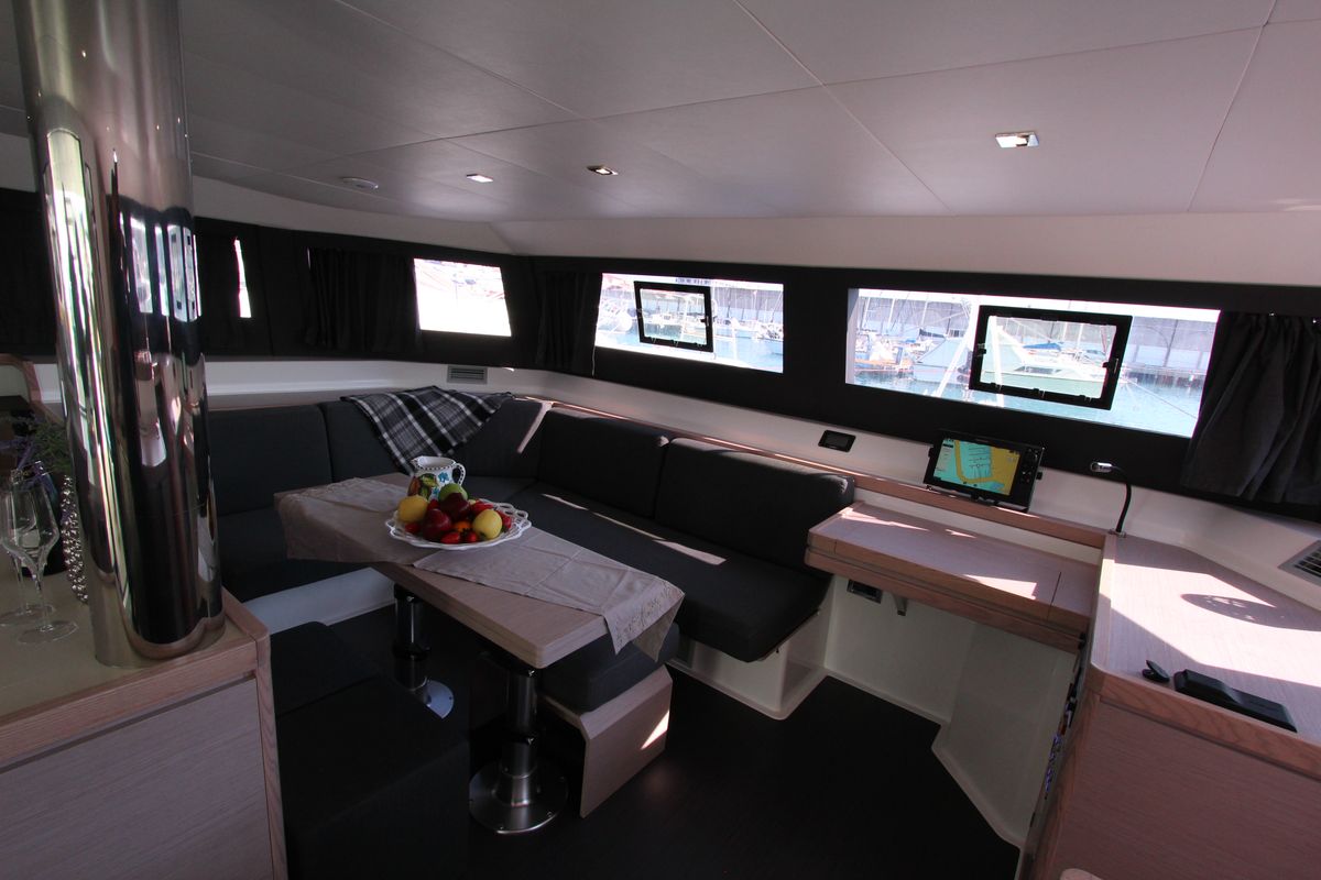 Salon of Lublu, a Dufour Catamaran 48 catamaran at Olbia, Italy