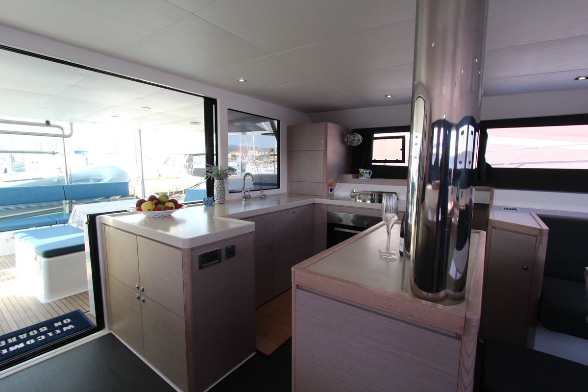 Galley of Lublu, a Dufour Catamaran 48 catamaran at Olbia, Italy