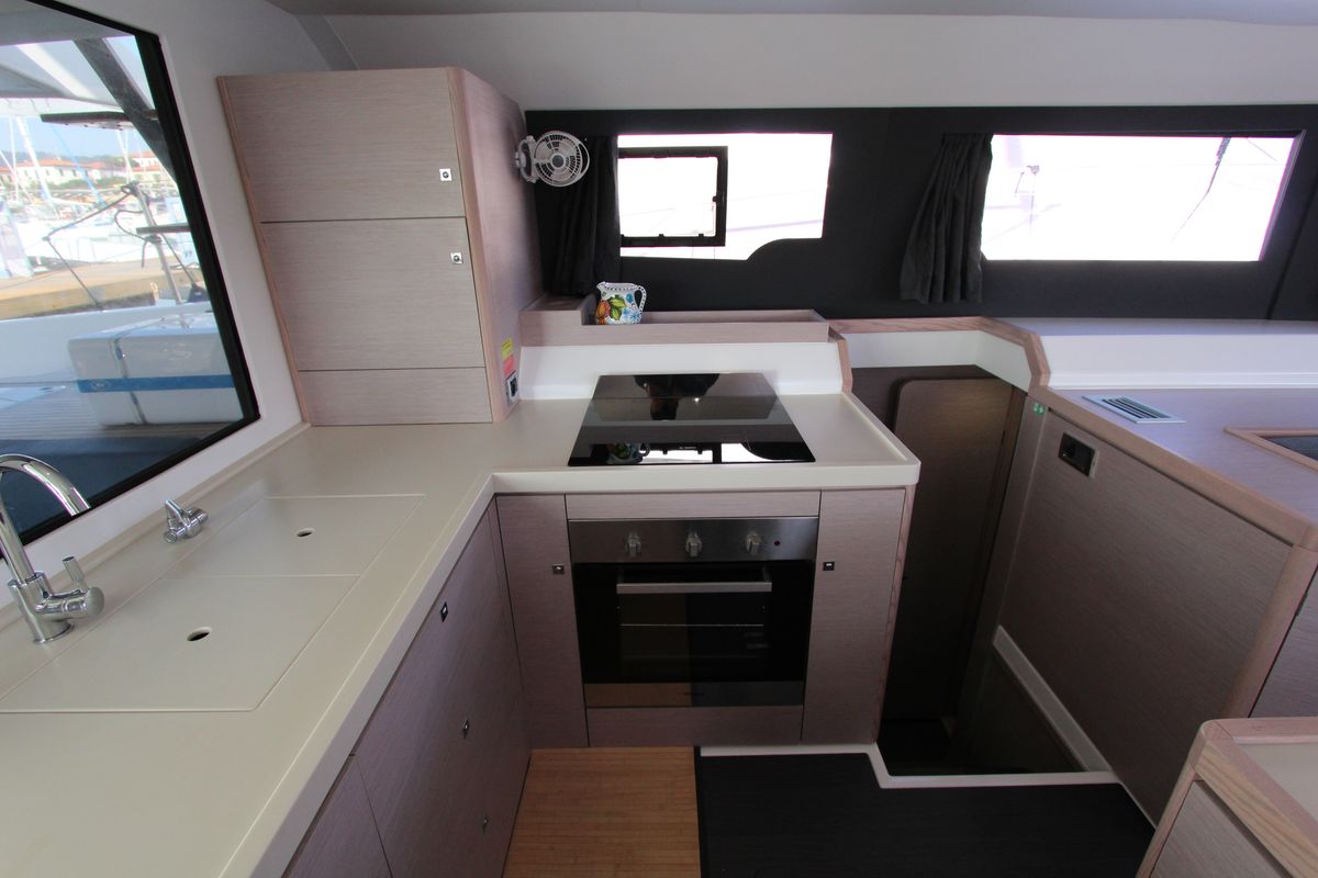 Galley of Lublu, a Dufour Catamaran 48 catamaran at Olbia, Italy
