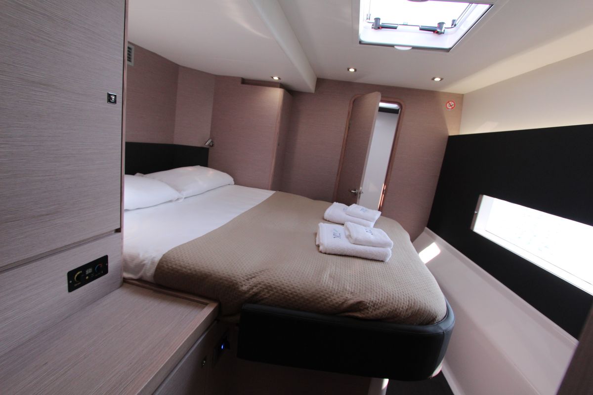 Cabin on Lublu, a Dufour Catamaran 48 catamaran at Olbia, Italy