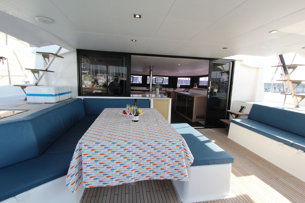 Deck of Lublu, a Dufour Catamaran 48 catamaran at Olbia, Italy