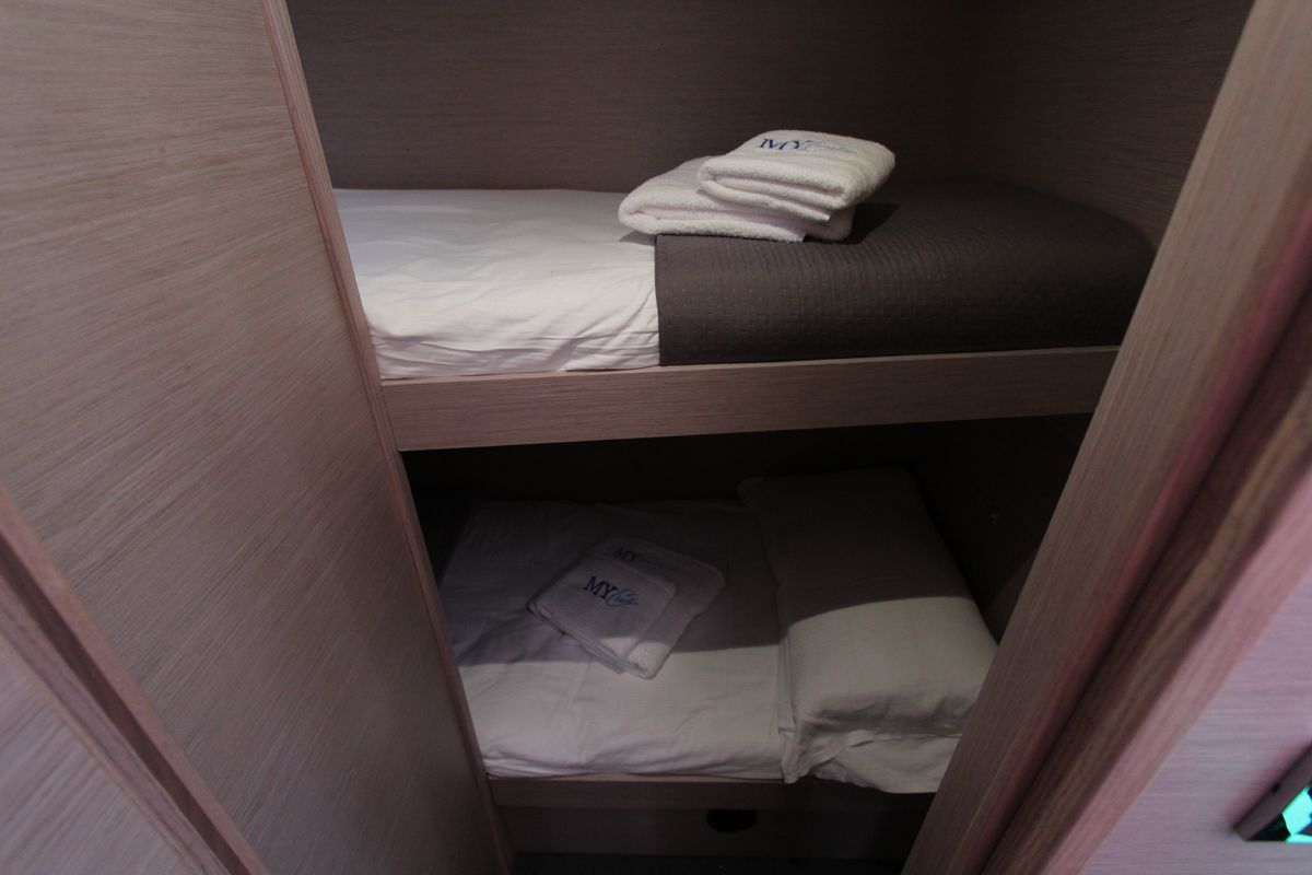 Cabin on Lublu, a Dufour Catamaran 48 catamaran at Olbia, Italy