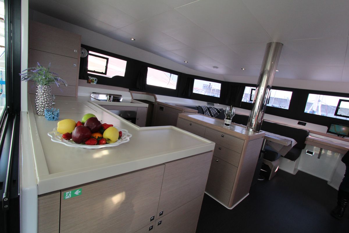 Salon of Lublu, a Dufour Catamaran 48 catamaran at Olbia, Italy