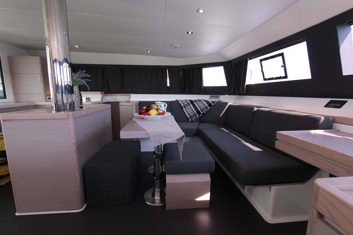 Salon of Lublu, a Dufour Catamaran 48 catamaran at Olbia, Italy