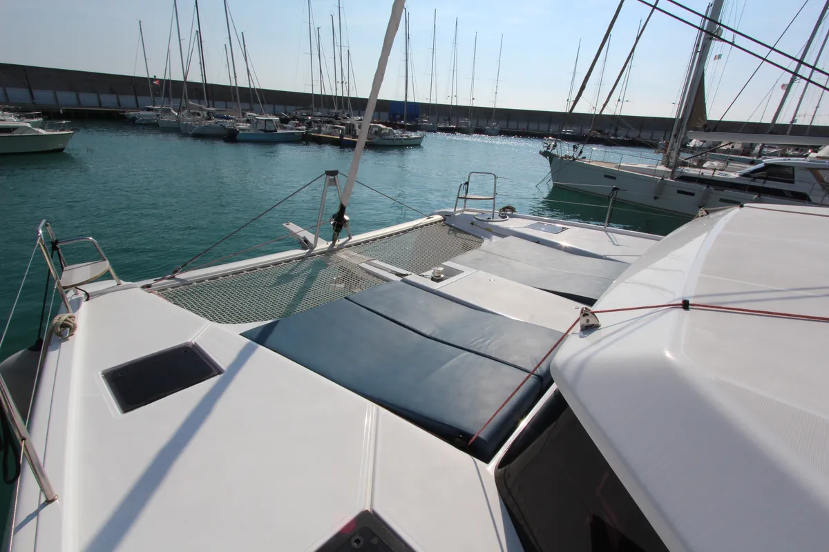 Deck of Lublu, a Dufour Catamaran 48 catamaran at Olbia, Italy
