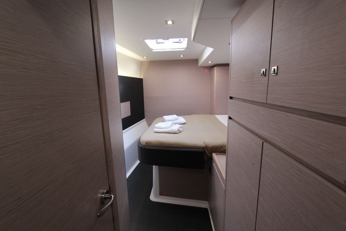 Cabin on Lublu, a Dufour Catamaran 48 catamaran at Olbia, Italy