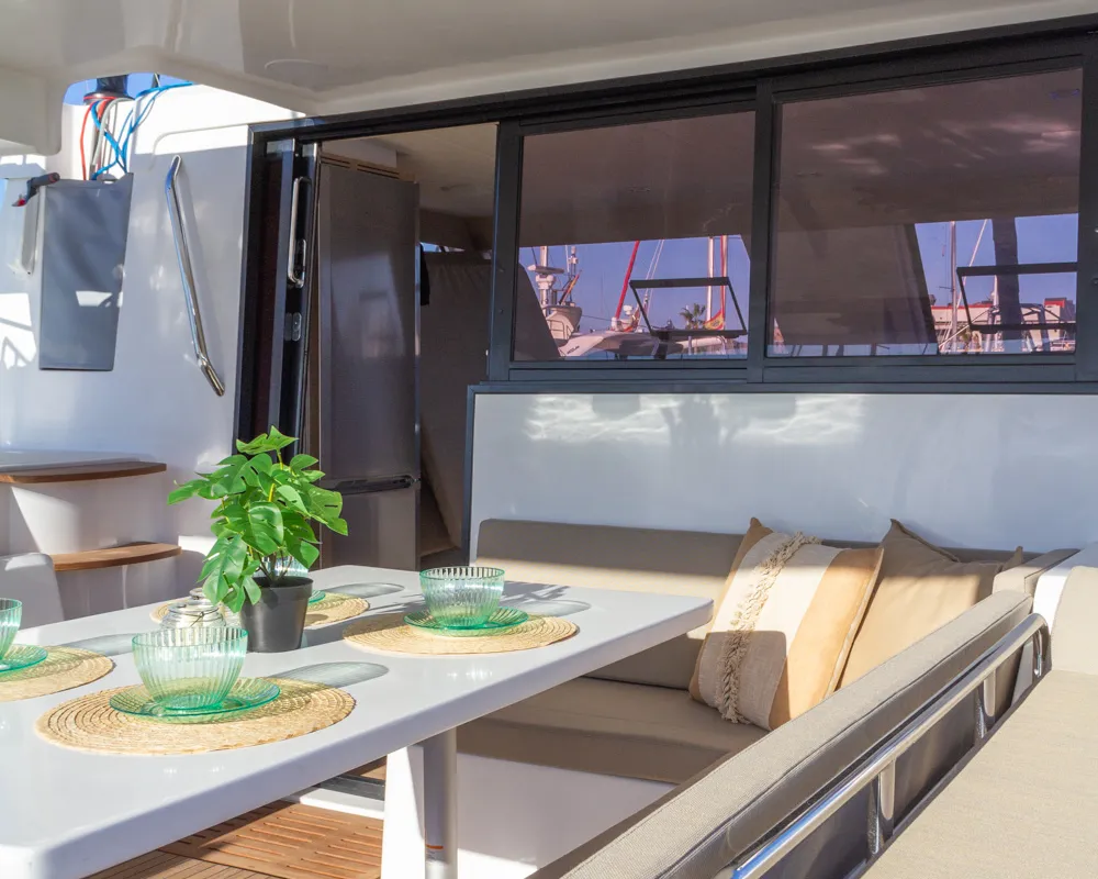Deck of Flor de Ibiza, a Aventura Catamarans Aventura 37 catamaran at Dénia, Spain