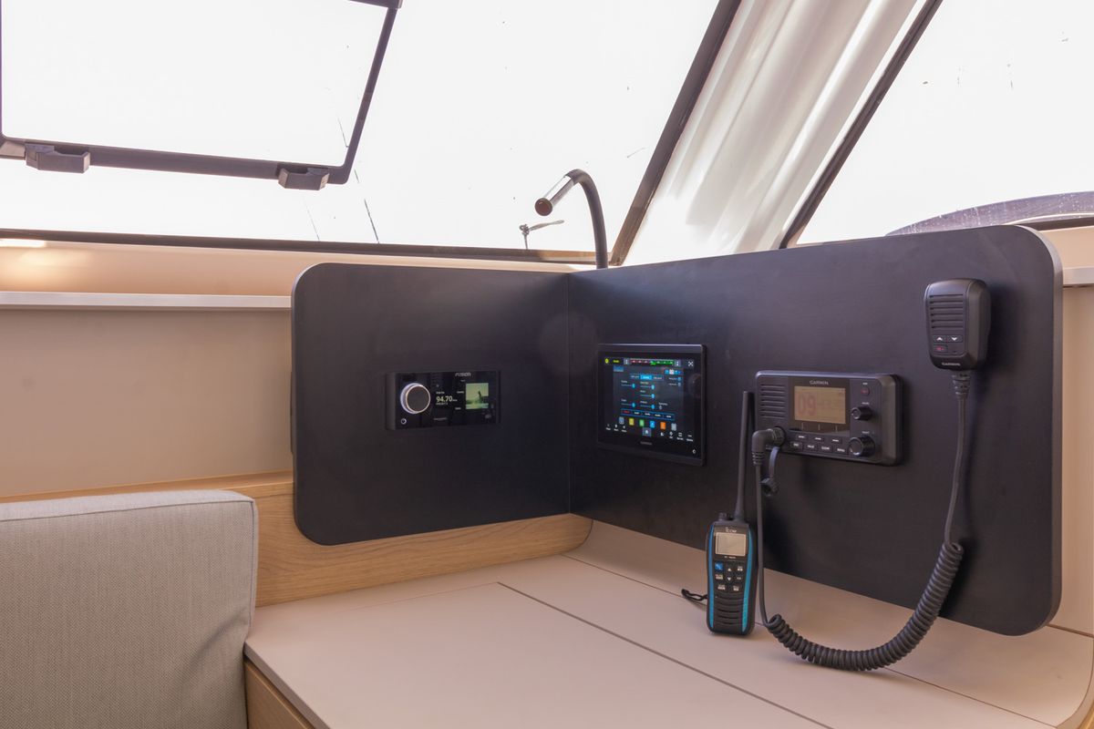 Cockpit of Flor de Ibiza, a Aventura Catamarans Aventura 37 catamaran at Dénia, Spain