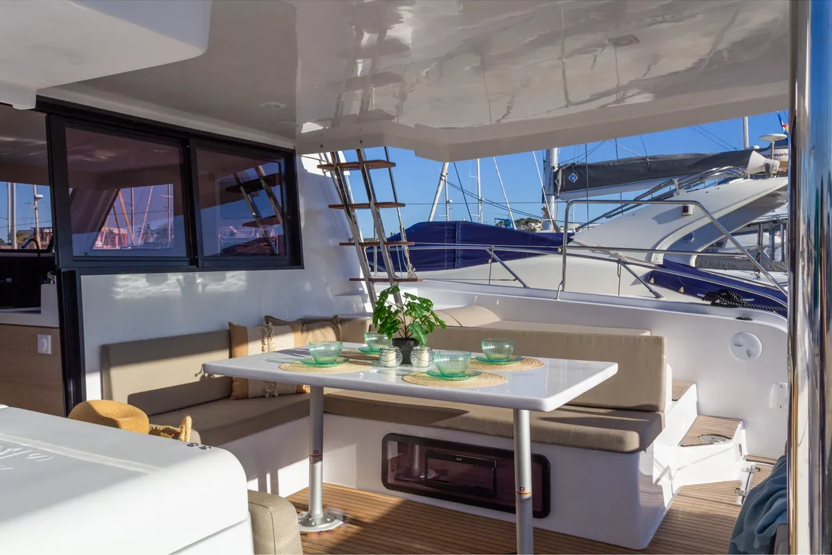 Deck of Flor de Ibiza, a Aventura Catamarans Aventura 37 catamaran at Dénia, Spain