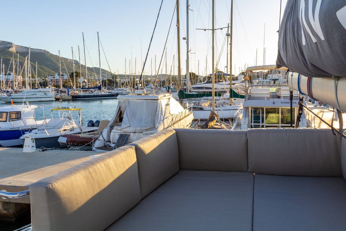 Deck of Flor de Ibiza, a Aventura Catamarans Aventura 37 catamaran at Dénia, Spain