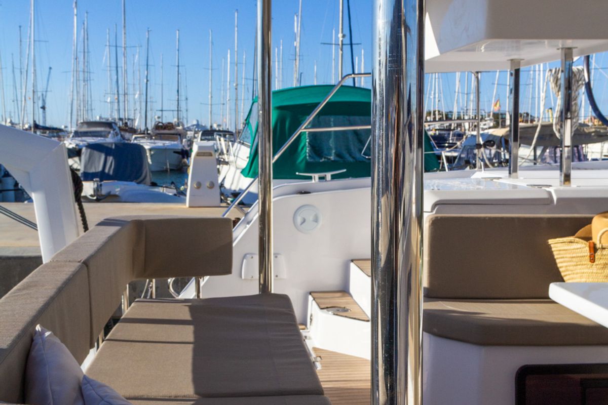 Deck of Flor de Ibiza, a Aventura Catamarans Aventura 37 catamaran at Dénia, Spain