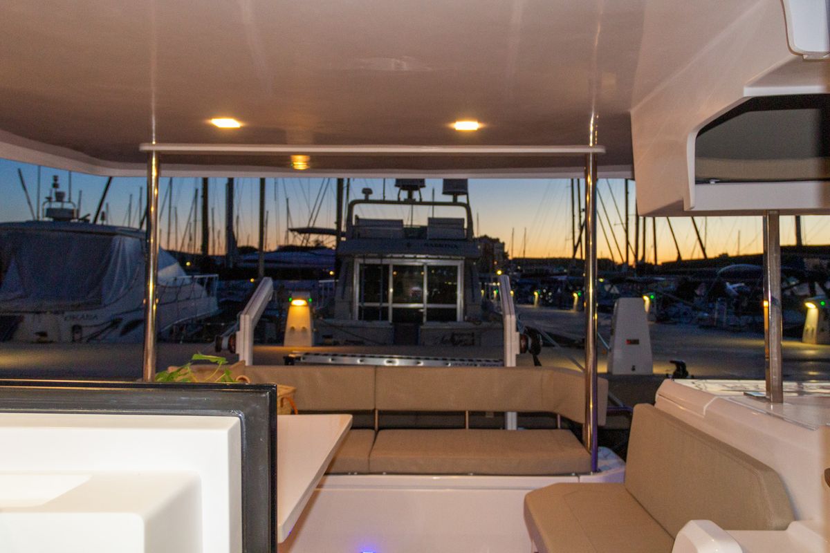 Deck of Flor de Ibiza, a Aventura Catamarans Aventura 37 catamaran at Dénia, Spain