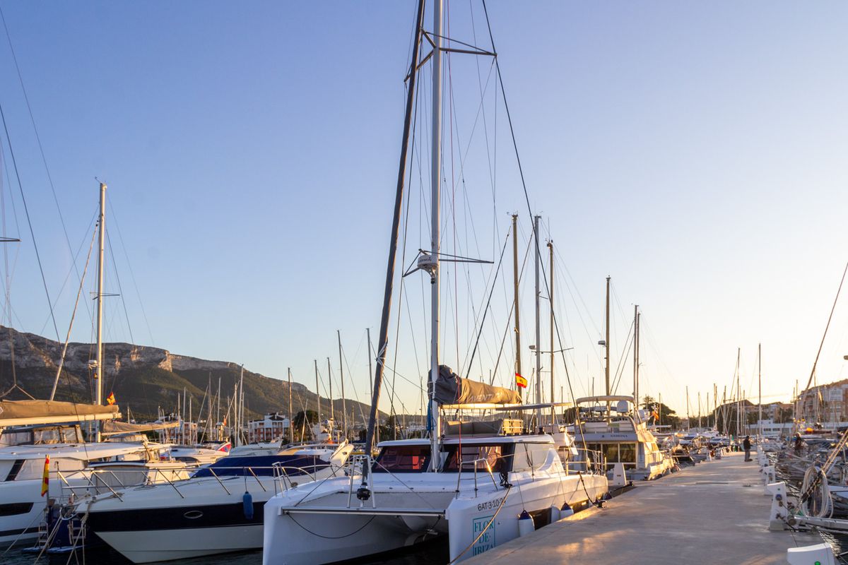 Exterior view of Flor de Ibiza, a Aventura Catamarans Aventura 37 catamaran at Dénia, Spain