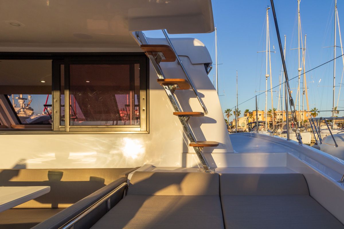 Deck of Flor de Ibiza, a Aventura Catamarans Aventura 37 catamaran at Dénia, Spain