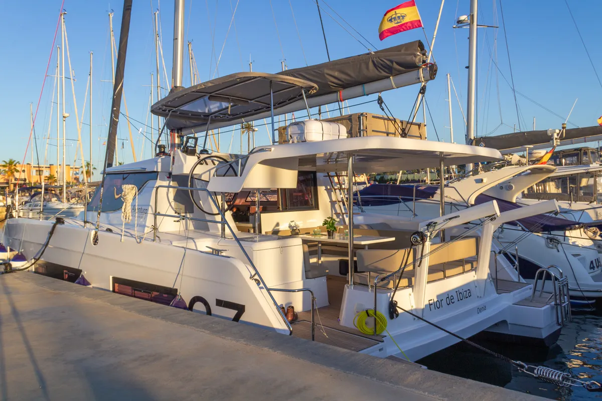 Exterior view of Flor de Ibiza, a Aventura Catamarans Aventura 37 catamaran at Dénia, Spain