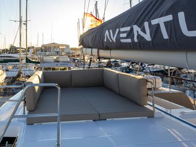 Deck of Flor de Ibiza, a Aventura Catamarans Aventura 37 catamaran at Dénia, Spain
