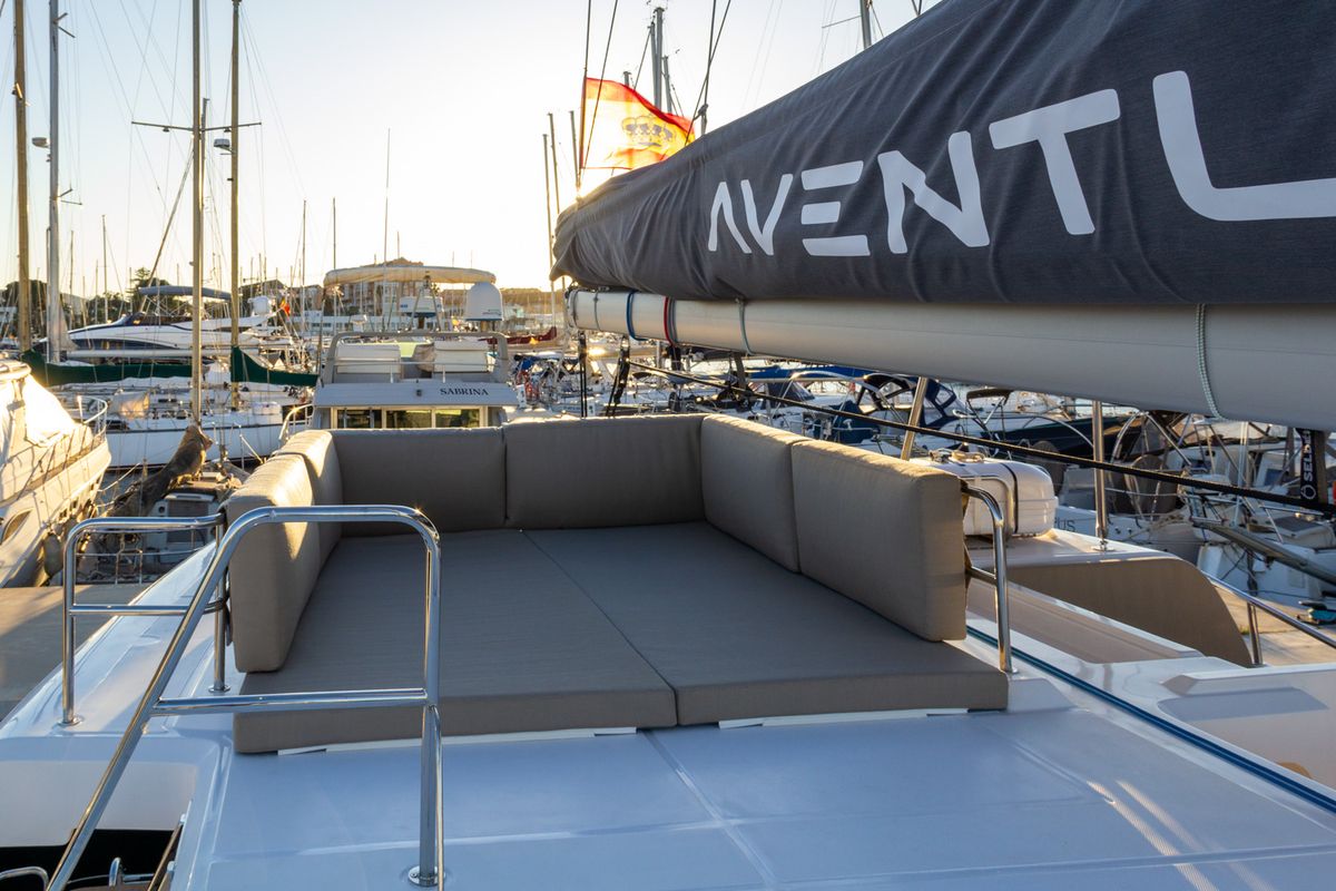 Deck of Flor de Ibiza, a Aventura Catamarans Aventura 37 catamaran at Dénia, Spain