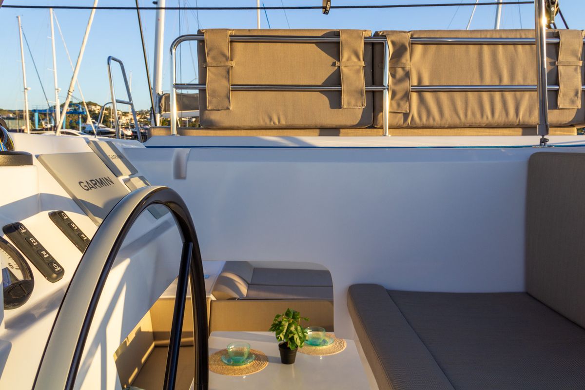 Deck of Flor de Ibiza, a Aventura Catamarans Aventura 37 catamaran at Dénia, Spain