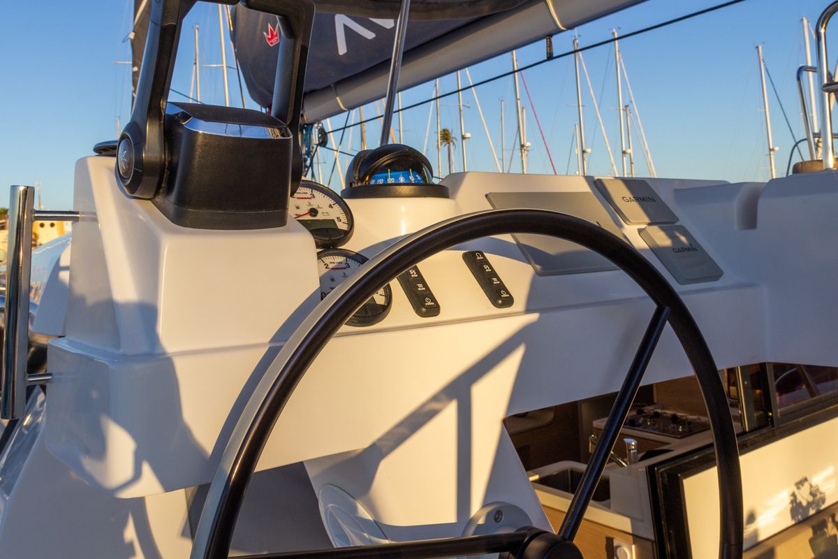 Cockpit of Flor de Ibiza, a Aventura Catamarans Aventura 37 catamaran at Dénia, Spain