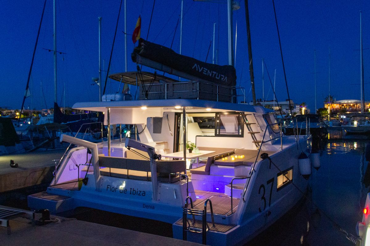 Exterior view of Flor de Ibiza, a Aventura Catamarans Aventura 37 catamaran at Dénia, Spain