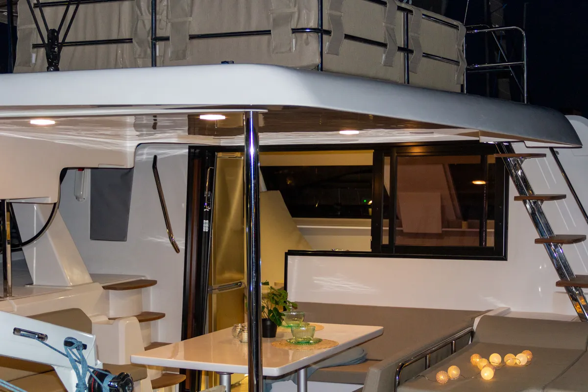 Deck of Flor de Ibiza, a Aventura Catamarans Aventura 37 catamaran at Dénia, Spain