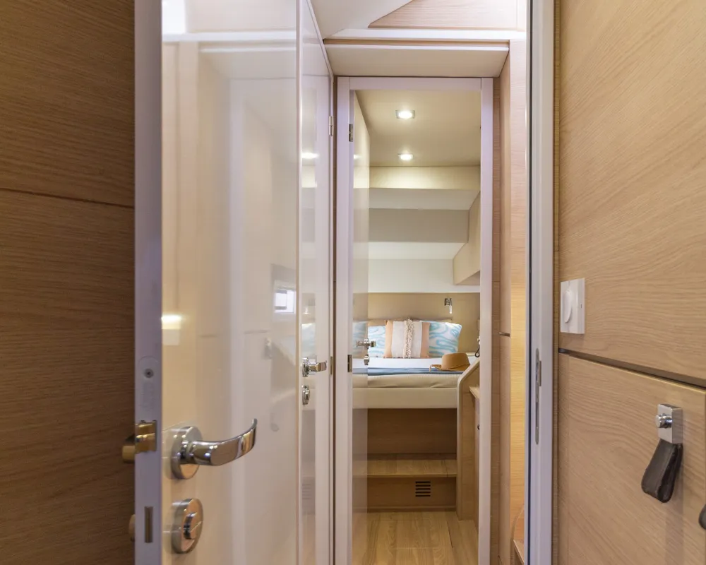 Cabin on Flor de Ibiza, a Aventura Catamarans Aventura 37 catamaran at Dénia, Spain