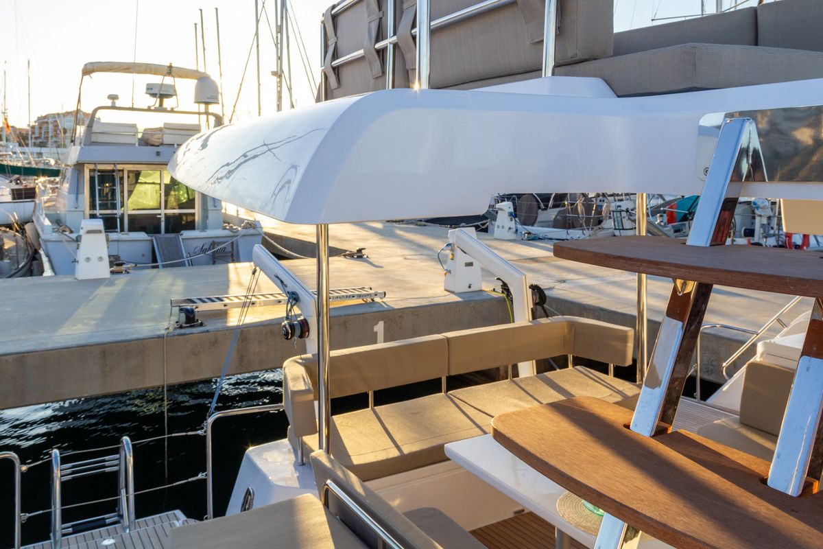 Deck of Flor de Ibiza, a Aventura Catamarans Aventura 37 catamaran at Dénia, Spain