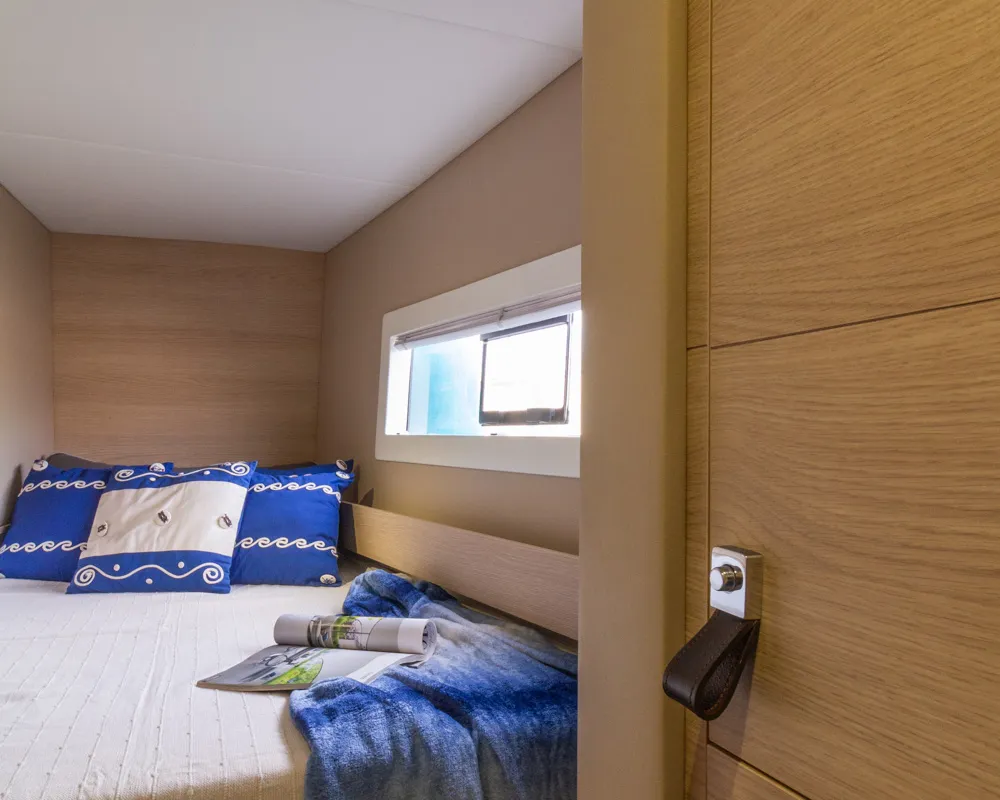 Cabin on Flor de Ibiza, a Aventura Catamarans Aventura 37 catamaran at Dénia, Spain