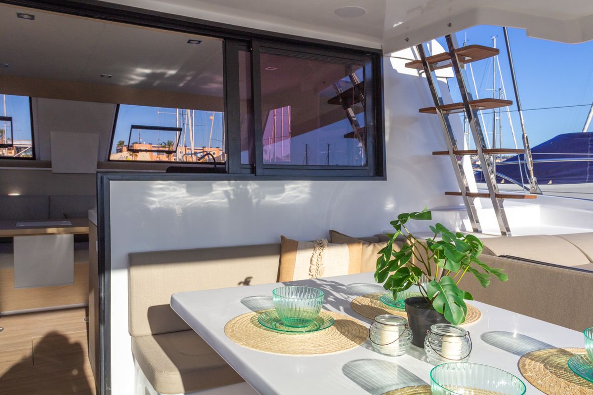 Deck of Flor de Ibiza, a Aventura Catamarans Aventura 37 catamaran at Dénia, Spain
