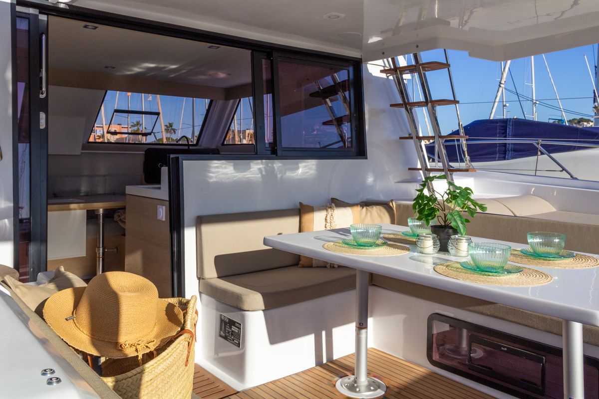 Deck of Flor de Ibiza, a Aventura Catamarans Aventura 37 catamaran at Dénia, Spain
