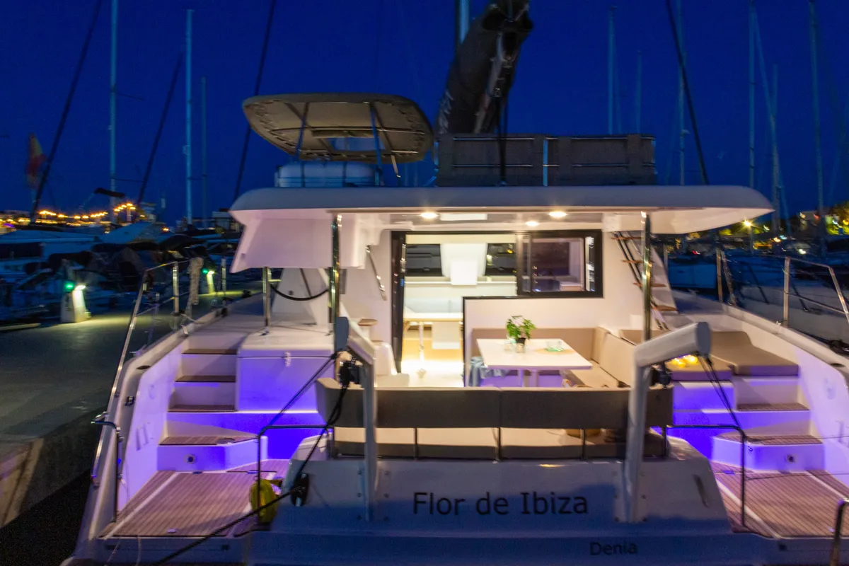 Deck of Flor de Ibiza, a Aventura Catamarans Aventura 37 catamaran at Dénia, Spain